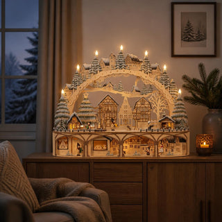LED-Lichterbogen „Weihnachtsmarkt“ mit detailreicher Winterlandschaft, verschneiten Häusern, Tannenbäumen und warmweißer Beleuchtung auf einer Kommode in festlichem Wohnambiente.
