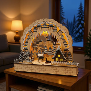 LED Lichterbogen „Waldhaus“ 30 cm aus Holz auf einem Wohnzimmertisch, mit beleuchteter Winterlandschaft, verschneiten Tannen, Waldhaus, Rehen und warmweißer LED-Beleuchtung.