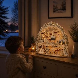 Farbiger LED-Lichterbogen „Seilbahn“ mit bewegter Winterlandschaft, beleuchteten Häusern und Seilbahn, stimmungsvolle Weihnachtsdekoration aus Holz, 45 cm.