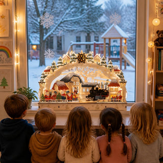 LED Lichterbogen „Wichtelbahnhof“, 45 cm, stimmungsvoll beleuchtete Weihnachtsdekoration mit liebevoll gestalteter Wichtelszene, Dampflok, verschneiten Häusern und winterlicher Dorflandschaft. Der dekorative Lichterbogen aus Holz steht auf einer Fensterbank und sorgt mit warmweißer LED-Beleuchtung für festliches Ambiente in der Advents- und Weihnachtszeit. Im Hintergrund ist eine verschneite Winterlandschaft zu sehen.