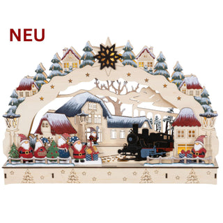LED Lichterbogen „Wichtelbahnhof“ mit Dampflok, Wichtelfiguren, verschneiten Häusern und warmweißer Beleuchtung, 45 cm, Batteriebetrieb mit Timer.
