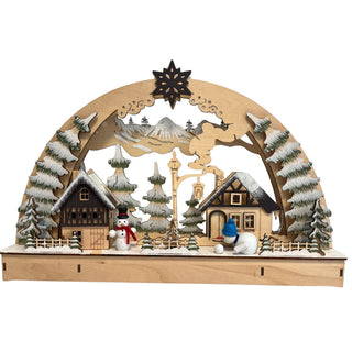 LED Lichterbogen „Lustige Schneemänner“ 45 cm aus Holz mit verschneiten Häusern, Winterwald, Schneemännern und detailreicher Winterlandschaft.