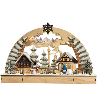 LED Lichterbogen „Lustige Schneemänner“ 45 cm aus Holz mit verschneitem Winterdorf, zwei Schneemännern, Tannenbäumen, Fachwerkhäusern und stimmungsvoller LED-Beleuchtung.