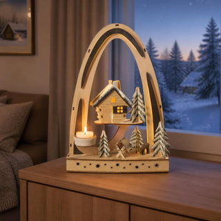 LED Lichterbogen „Waldhaus“ mit Teelichthalter aus naturfarbenem Holz, liebevoll gestalteter Winterlandschaft mit Waldhütte, Tannen und warmweißer Beleuchtung, 33 cm, stimmungsvolle Weihnachtsdekoration für Fensterbank und Wohnraum.