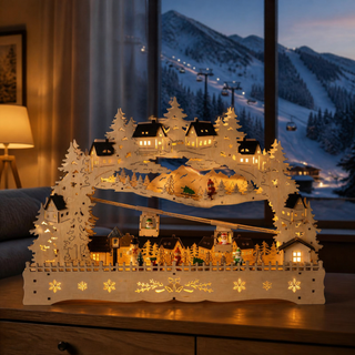 Farbiger LED Lichterbogen „Wintersport“ mit motorisierter Seilbahn, stimmungsvoll beleuchtetem Winterdorf, Skifahrern und verschneiter Berglandschaft, 56 cm, festliche Weihnachtsdekoration für Fensterbank und Wohnraum.