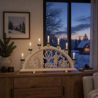 Lichterbogen „Bergleute“ mit 7 Kerzen, Bergbaumotiv, Förderturm und Bergleuten, klassische Weihnachtsdekoration aus Holz in Natur, 59 cm.