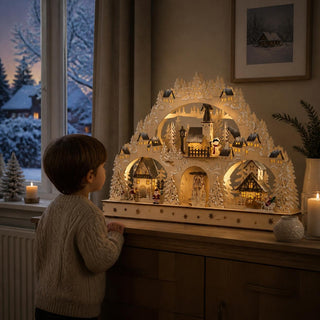 LED-Lichterbogen „Winterdorf“ aus naturfarbenem Holz mit warmweißer Beleuchtung auf einer Kommode. Die filigrane Winterlandschaft zeigt verschneite Häuser, Tannenbäume, eine Kirche mit Uhrturm, einen Schneemann sowie ein kleines Karussell. Durch die mehrlagige Gestaltung entsteht ein dreidimensionaler Eindruck. Im Hintergrund sind ein Fenster mit verschneiter Winterlandschaft, Kerzenlicht und weihnachtliche Dekoration zu sehen.