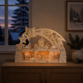 LED-Lichterbogen „Weihnachtsstern“ aus Naturholz mit beleuchteter Winterlandschaft, Stadtsilhouette, Sternschnuppe sowie Weihnachtsmann mit Rentieren.
