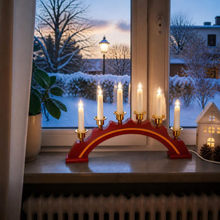 Schwedenleuchter halbrund rot mit 7 LED-Kerzen, klassischer Adventsleuchter für Fensterbank und Weihnachtsdekoration, 45 cm.