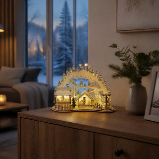 Mini LED Lichterbogen „Weihnachtsmarkt“ mit detailreicher 3D-Szene, beleuchteten Weihnachtsmarktständen, verschneiten Bäumen und Timerfunktion, farbig, 20 cm, stimmungsvolle Weihnachtsdekoration für kleine Fensterbänke und Regale.