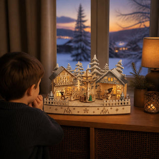 LED-Diorama „Weihnachtsmarkt“ aus naturfarbenem Holz mit warmweißer Beleuchtung auf einer Kommode vor einem Fenster mit winterlicher Abendlandschaft. Die detailreiche Szene zeigt zwei verschneite Häuser, Tannenbäume, filigrane Marktstände und Figuren sowie eine bewegliche Weihnachtspyramide in der Mitte. Das stimmungsvolle Licht hebt die feinen Holzdetails hervor und sorgt für eine festliche Weihnachtsatmosphäre im Wohnraum.