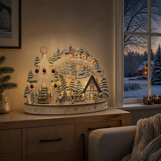 LED Lichterbogen „Weihnachtstraum“ mit beweglichem Weihnachtsbaum, beleuchtetem Winterdorf, Weihnachtsmann, Rentieren und verschneiter Winterlandschaft, farbige Weihnachtsdekoration aus Holz, 50 cm.