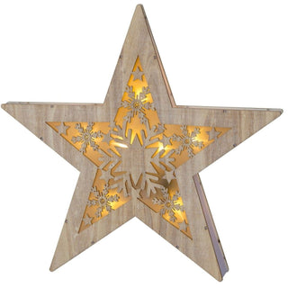 LED Weihnachtsstern „Schneeflocke“ aus naturfarbenem Holz, ca. 35 cm groß, mit filigranen Schneeflocken-Aussparungen und warmweiß leuchtender LED-Beleuchtung, inklusive Timerfunktion.
