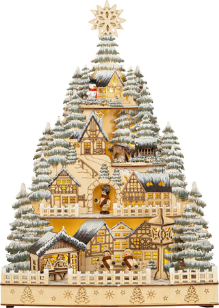LED Lichterspitze „Weihnachtsdorf“ aus Holz mit beleuchtetem Dorfmotiv, verschneiten Tannenbäumen, winterlicher Landschaft und 10 warmweißen LEDs, 42 cm, batteriebetrieben mit Timer.