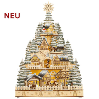 LED-Lichterspitze „Weihnachtsdorf“ aus naturfarbenem Holz mit warmweißer Beleuchtung. Die mehrstöckige, dreidimensionale Winterlandschaft zeigt verschneite Fachwerkhäuser, Tannenbäume, Figuren, einen Schneemann, Tiere und eine kleine Weihnachtspyramide. Die filigranen Details sind in Form eines Weihnachtsbaums angeordnet und werden von einem Stern gekrönt. Mit ihrer stimmungsvollen Beleuchtung und der Höhe von 42 cm schafft die Lichterspitze eine festliche Weihnachtsatmosphäre.