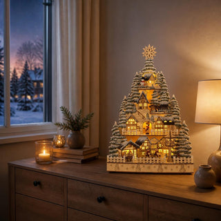 LED-Lichterspitze „Weihnachtsdorf“ aus naturfarbenem Holz mit warmweißer Beleuchtung auf einer Kommode in einem gemütlich dekorierten Wohnraum. Die baumförmige Weihnachtsdekoration zeigt ein mehrstöckiges Winterdorf mit verschneiten Fachwerkhäusern, Tannenbäumen, Figuren und filigranen Details. Ein Stern bildet die Spitze der Szenerie, während die beleuchteten Fenster und Ebenen für eine stimmungsvolle Tiefenwirkung sorgen. Im Hintergrund sind ein Fenster mit verschneiter Winterlandschaft, Kerzenlicht und e