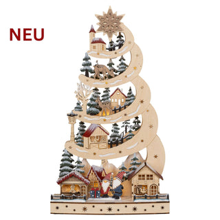 LED-Lichterspitze „Wichtelweihnacht“ aus naturfarbenem Holz mit warmweißer LED-Beleuchtung. Die dekorative Weihnachtslandschaft ist in Form eines stilisierten Tannenbaums gestaltet und zeigt kleine Häuser, verschneite Tannen, Rehe, einen Wichtel mit Geschenken sowie weitere winterliche Details auf mehreren Ebenen. Ein filigraner Stern bildet die Spitze der 48 cm hohen Dekoration und unterstreicht die festliche Ausstrahlung.
