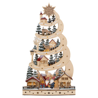 LED Lichterspitze „Wichtelweihnacht“ aus Holz mit beleuchteten Wichteln, Häusern, Tannenbäumen und geschwungenem Design, 48 cm, batteriebetrieben mit Timer.
