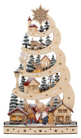 LED Lichterspitze „Wichtelweihnacht“ aus Holz mit beleuchteten Wichteln, Häusern, Tannenbäumen und geschwungenem Design, 48 cm, batteriebetrieben mit Timer.