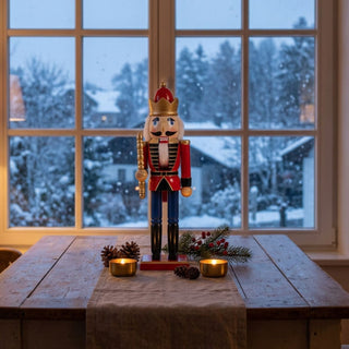 Nussknacker „König“ in roter Uniform (30 cm) mit goldener Krone, Zepter und weißem Bart, steht auf einem Holztisch. Umgeben von Kerzen, Zapfen und Tannenzweigen, vor einem großen Fenster mit verschneiter Winterlandschaft.