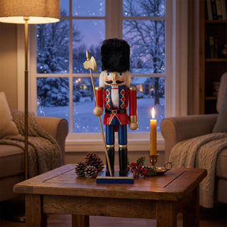 Nussknacker „Husar“ in roter Uniform (30 cm) mit Hut, Bart und Säbel, steht auf einem Holztisch. Umgeben von Kerzen, Zapfen und Tannenzweigen, vor einem Fenster mit verschneiter Winterlandschaft.