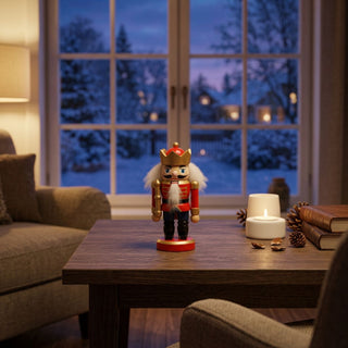 Nussknacker Mini, 10 cm groß, in roter Lackierung, mit Krone, weißem Bart und Schnurrbart sowie goldfarbenen Details, dekorativ auf einem Tisch vor winterlicher Fensterkulisse mit Kerzenlicht und gemütlicher Wohnatmosphäre platziert.