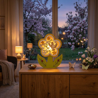 LED-Dekoblume (ca. 22 cm) mit warmweißem Licht, batteriebetrieben mit Timer, farbig gestaltet mit Blütenmotiv und Vogel. Steht auf einer Kommode vor großem Fenster mit Blick in einen blühenden Garten bei Abenddämmerung.