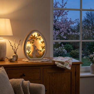 LED-Osterei (ca. 18 cm), farbig mit beleuchtetem Hasen- und Blumenmotiv, batteriebetrieben. Steht auf einer Kommode im Wohnraum vor einem Fenster mit Blick in einen blühenden Garten bei Abenddämmerung.