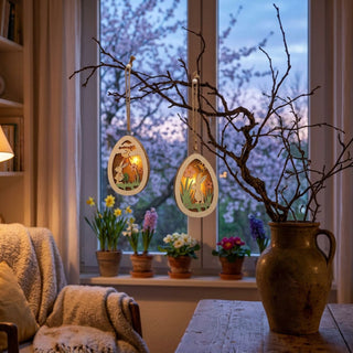 LED-Ostereier zum Hängen (2er-Set), farbig mit beleuchteten Hasen- und Blumenmotiven, batteriebetrieben mit Timer. Hängen an Zweigen in einer Vase vor einem Fenster, umgeben von Frühlingsblumen und Wohnraumdeko bei Abenddämmerung.