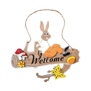 Willkommensschild, Hase auf Baumstamm, zum Aufhängen