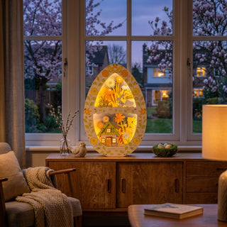 LED-Oster-Diorama XL (ca. 45 cm), eiförmige, farbig gestaltete Dekoleuchte mit filigranen Oster- und Frühlingsmotiven wie Haus, Hasen und Blumen, warm beleuchtet. Steht auf einer Kommode vor einem Fenster mit Blick in einen blühenden Garten bei Dämmerung.