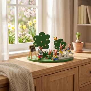 Osterhasen-Hasenschule „Wald“ (Ø ca. 27 cm), farbiges Diorama mit mehreren kleinen Hasenfiguren in einer Szene mit Bäumen, Tafel und Schulbänken. Platziert auf einer Kommode vor einem Fenster mit Blick in einen blühenden Frühlingsgarten.
