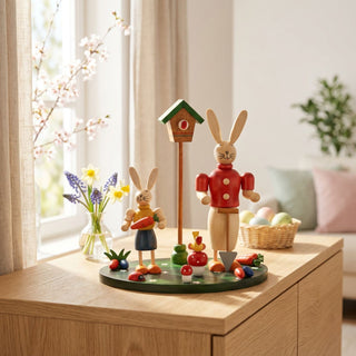 Osterhasen auf Sockel mit Vogelhaus (ca. 18 cm), farbig gestaltete Holzfiguren mit zwei Hasen, Vogelhaus, Pilzen und Ostereiern auf rundem Podest. Platziert auf einer Kommode neben Vase mit Frühlingsblumen und Korb mit Ostereiern, vor einem hellen Fenster.