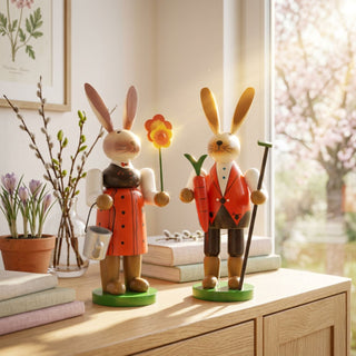 Osterhasenpaar „Gärtner und Gärtnerin“ (ca. 30 cm), farbig gestaltete Figuren mit Gartenwerkzeug, Blume und Möhre in den Händen. Platziert auf einer Kommode neben Büchern und Pflanzen, vor einem Fenster mit Blick in einen blühenden Frühlingsgarten.