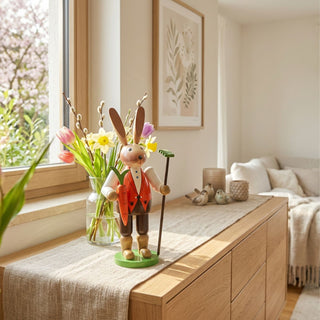Osterhase „Gärtner“ (ca. 30 cm), farbig gestaltete Figur mit roter Jacke, hält eine Möhre und einen Rechen. Steht auf einer Kommode neben Vase mit Tulpen, vor einem Fenster mit Blick in einen blühenden Frühlingsgarten.