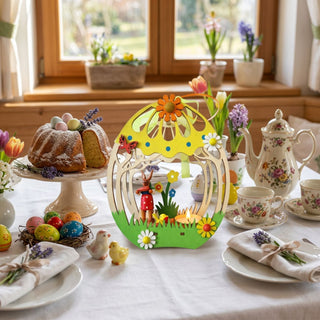Kerzenhalter für Teelicht „Ei mit Häsin“ (ca. 17 cm), farbig gestaltetes Deko-Ei mit Häsin, Blumen und integriertem Teelicht. Arrangiert auf einem gedeckten Tisch mit Kuchen, Geschirr, bunten Ostereiern und Frühlingsblumen vor einem Fenster mit Blick in den Garten.