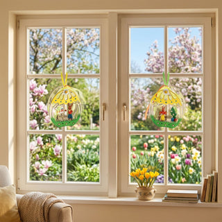 Fensterbild „Ei mit Osterhase“ (2er-Set, je ca. 13 cm), zwei farbige, eiförmige Anhänger mit Hasen- und Frühlingsmotiven, aufgehängt am Fenster. Im Hintergrund ein blühender Garten mit Tulpen und Magnolien, auf der Fensterbank ein Blumentopf mit gelben Blüten und Büchern.