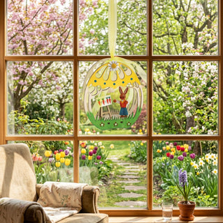 Fensterbild „Ei mit Osterhase Lehrer“ (ca. 13 cm), farbiges, eiförmiges Fensterdekor mit Hasenfigur vor Tafelmotiv, aufgehängt am Fenster. Im Hintergrund ein blühender Garten mit Bäumen und Tulpen, auf der Fensterbank ein Blumentopf und ein Glas Wasser.