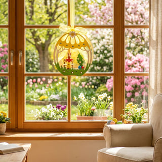 Fensterbild „Ei mit Osterhäsin auf Bank“ (ca. 13 cm), farbiges, eiförmiges Fensterdekor mit sitzender Hasenfigur auf einer Bank, umgeben von Blumenmotiven. Am Fenster aufgehängt, mit Blick in einen blühenden Frühlingsgarten; auf der Fensterbank stehen Pflanzen und dekorierte Ostereier.