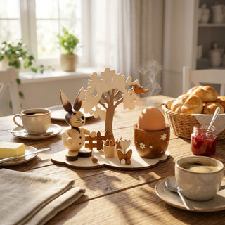 Osterhase mit Eierbecher (ca. 11 cm), naturfarbene Holzdeko mit Hase, Baum und Eierbecher für ein Ei. Arrangiert auf einem Frühstückstisch mit Kaffee, Brötchen und Marmelade in heller Wohnatmosphäre.