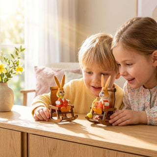 Osterhasen im Schaukelstuhl (ca. 14 cm), zwei farbig gestaltete Hasenfiguren jeweils in einem kleinen Holz-Schaukelstuhl. Auf einem Tisch platziert, während zwei Kinder die Figuren betrachten; im Hintergrund helle Wohnszene mit Vase und Frühlingsblumen.