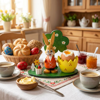Eierbecher „Osterhase mit Eierkorb“ (ca. 10 cm), farbig gestaltete Deko mit Hase neben einem Eierbecher in Form einer aufgebrochenen Eierschale. Arrangiert auf einem Frühstückstisch mit Brötchen, Marmelade, Butter, Kaffee und dekorierten Ostereiern in gemütlicher Küche.