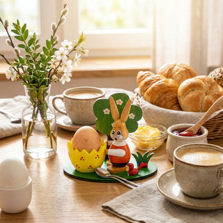 Eierbecher „Osterhase mit Vogel“ (ca. 10 cm), farbig gestaltete Deko mit Hase neben einem Eierbecher in Form einer aufgebrochenen Eierschale und kleinem Vogelmotiv. Arrangiert auf einem Frühstückstisch mit Brötchen, Butter, Marmelade und Kaffee in heller Wohnatmosphäre.