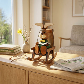 Osterhase im Schaukelstuhl (ca. 15 cm), farbig gestaltete Figur mit grünem Oberteil, Schleife und Brille, sitzend mit Buch in einem Holz-Schaukelstuhl. Platziert auf einer Kommode neben Vase mit Frühlingsblumen, Büchern, Brille und Zeitung in heller Wohnatmosphäre.