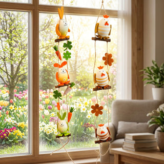 Eiergirlande mit Motiven „Hase“ und „Huhn“ (2er-Set), zwei farbige Hängedekorationen mit Hasen- und Hühnerfiguren sowie Blumen- und Karottenelementen. Aufgehängt vor einem Fenster mit Blick in einen blühenden Frühlingsgarten; im Hintergrund eine helle Wohnzimmerecke mit Sessel und Büchern.