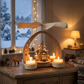 Weihnachtspyramide „Winterkinder“ aus naturbelassenem Holz (19 cm) für vier Teelichter mit Flügelrad. Runde Bogenform mit Sternen, Szene mit zwei Winterkind-Figuren und Tannenbaum. Auf einem Tisch vor verschneitem Fenster, warm beleuchtet und winterlich dekoriert.