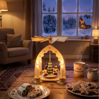 Weihnachtspyramide „Winterkinder“ aus naturbelassenem Holz (18 cm) mit Flügelrad und Kerzen. Szene mit drei Winterkind-Figuren um einen geschmückten Tannenbaum. Auf einem Tisch mit Gebäck und Tassen, vor verschneitem Fenster in gemütlicher Beleuchtung.