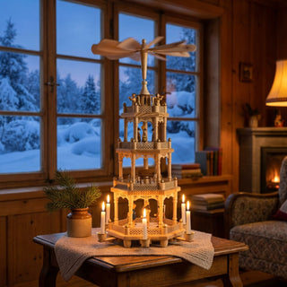Weihnachtspyramide „Waldweihnacht“ aus naturbelassenem Holz mit drei Etagen und Flügelrad, etwa 56 cm hoch, auf einem Tisch mit brennenden Kerzen; filigrane Figuren auf jeder Ebene. Im Hintergrund ein gemütlicher Wohnraum mit Fenster und verschneiter Winterlandschaft sowie warmem Kaminlicht.