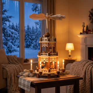 Weihnachtspyramide „Waldweihnacht“ aus Holz mit zwei Etagen und ca. 44 cm Höhe, auf einem Wohnzimmertisch arrangiert. Vier brennende Kerzen treiben das oben angebrachte Flügelrad an. Auf den beiden Ebenen sind filigrane Wald- und Figurenszenen zu sehen. Im Hintergrund ein gemütlich dekoriertes Wohnzimmer mit Sofa, Kamin und warmem Licht; durch das Fenster ist eine verschneite Winterlandschaft sichtbar.