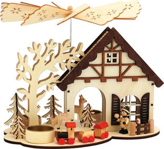Weihnachtspyramide für 3 Teelichte "Haus mit Rehen", natur, 23 cm_Rückseite